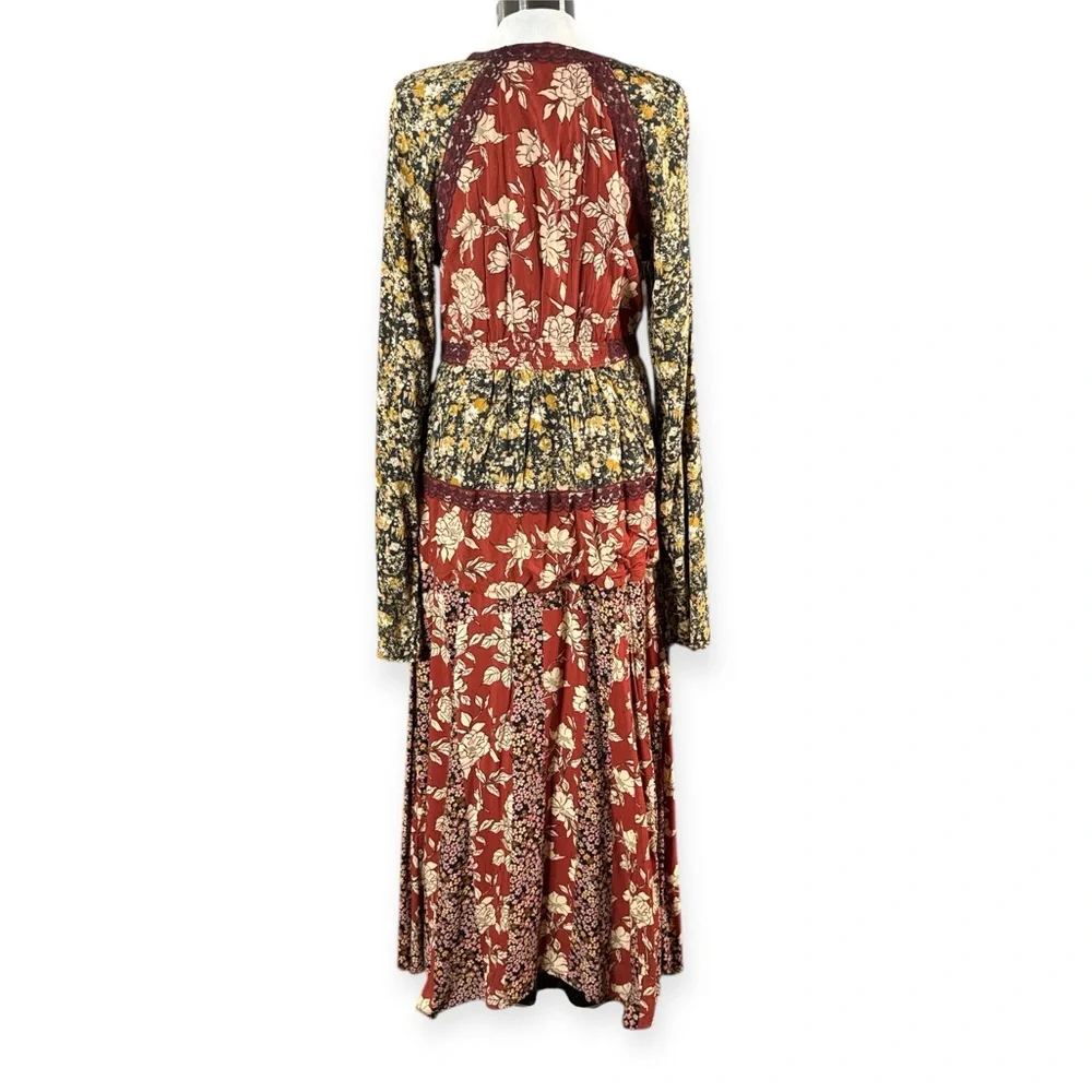 NWT FREE PEOPLE TILDA FLORAL PATCHWORK MAXI DRESS BOHO WRAP BELL SLEEVES SIZE L